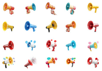 Collection of megaphone, promotion advertising 3D icon cartoon style hand holding megaphone vibrate color isolate on transparent background