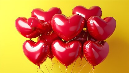 Wall Mural - Vibrant heart-shaped red balloons against a cheerful yellow backdrop for a Valentines celebration