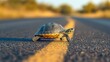 © sutus - A turtle slowly crossing a road, with its neck extended, making a cautious journey to the other side.