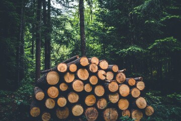 A dense forest filled with tall pine and spruce trees, featuring a large pile of freshly cut log trunks neatly stacked, symbolizing the logging timber wood industry. The scene is illuminated by soft, 