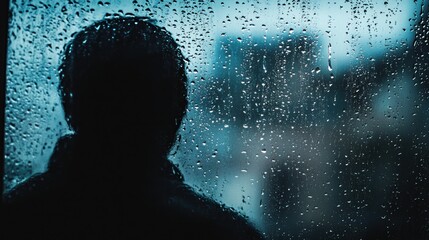 Aufkleber - Raindrops trickle down the glass as a solitary figure looks outside, enveloped in a moody atmosphere of introspection and solitude. Generative AI