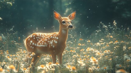 Wall Mural - Fawn in a Field of Flowers: A Moment of Serenity