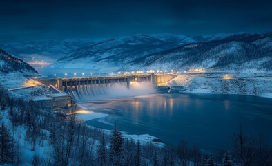 Aerial view of a stunning dam and its gates in full flow, where multiple streams converge into a large, calm river, surrounded by lush greenery. An empty bridge spans across the river