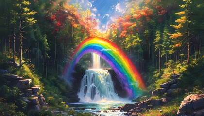 Wall Mural - Vibrant rainbow bridging heart-shaped waterfall amidst lush forest landscape