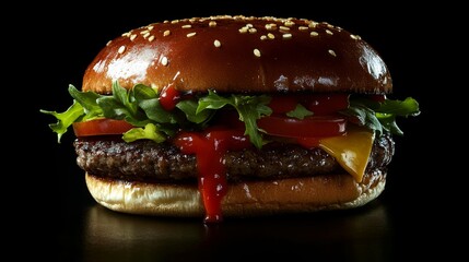 Detailed photo of an enormous hamburger with ketchup and mustard dripping, on a black background, advertising photography, studio lighting, food photography, delicious juicy burger, salad leaves