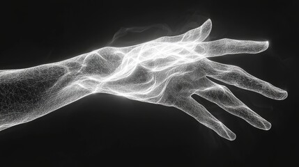 A stunning digital representation of a human hand shown in a delicate white wireframe style against a dark background, showcasing intricate network intricacy and fine details.