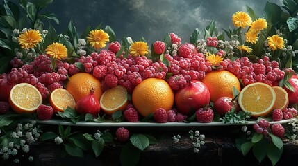 Poster - Vibrant Still Life of Fresh Fruits and Flowers