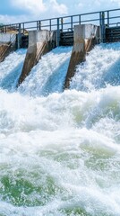 water flowing rapidly through dam spillway under bright blue sky.