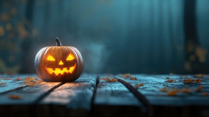 Sticker - spooky pumpkin on wood with dramatic lighting