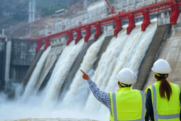 Engineers in white helmets and yellow vests inspecting a large dam and power plant, pointing at the impressive water flow and red gates. Capturing the essence of teamwork and engineering marvel in 