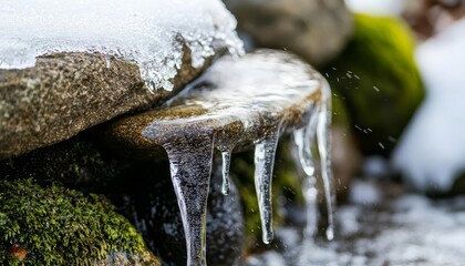 Icicles forming on a stone with green moss, white isolate background.