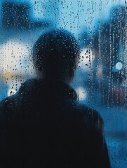 Aufkleber - A lone figure stands by a window, lost in thought as raindrops trickle down the glass, enveloping the scene in melancholy. Generative AI