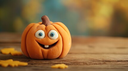 Poster - Play Dough Pumpkin Character Closeup on Wooden Surface