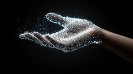 A digital representation of a hand with glowing network lines and points, symbolizing connectivity and technology advancements in a modern digital world.