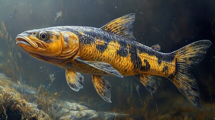 Golden Fish Swimming Underwater: A Close-Up Painting