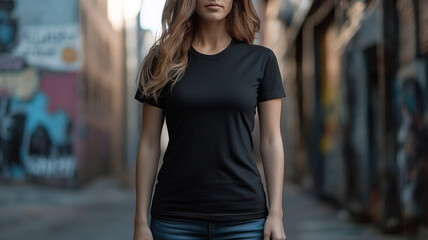 woman model wearing a black t-shirt in urban background