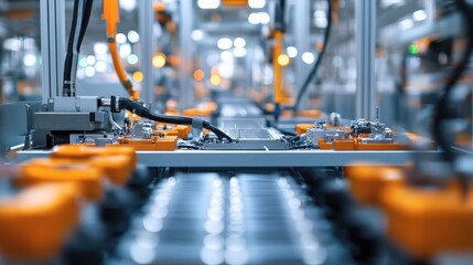 Close up view of an assembly line for mass producing electric vehicle battery cells