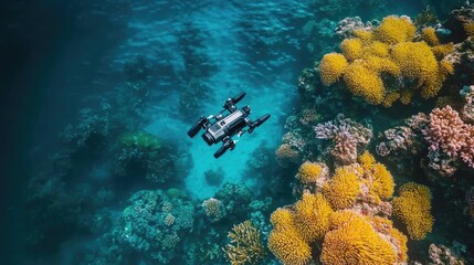 High-angle view, vibrant underwater worlds blending with sleek futuristic technologies, drone photography perspective