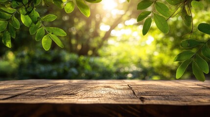 Rustic wooden tabletop with moringa tree leaves and sunlit trees in the background offering ample copy space for product display