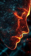 A side profile of a human face features intricate digital mesh with red glows, symbolizing the blending of digital advancements and human emotions in an artistic manner.