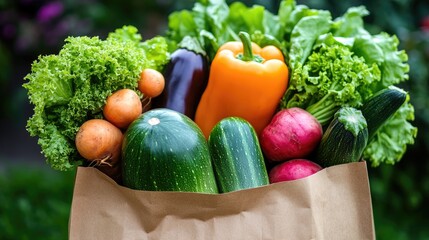 Eco friendly paper bag filled with fresh vegetables Concept of sustainable packaging Close up view