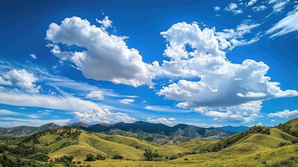 Vibrant hills stretch under a clear blue sky adorned with fluffy white clouds