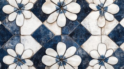 Vintage retro geometric mosaic tiles featuring a blue and white flower blossom print create a textured background with a panoramic appeal