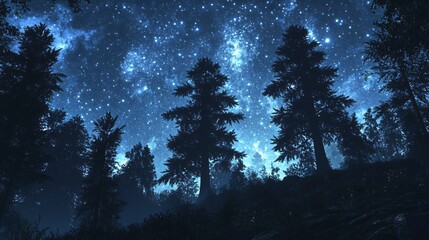 Wall Mural - A starry night sky shines above a forest of tall pine trees, their silhouettes casting shadows on the dark ground.