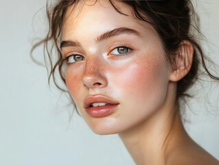 Wall Mural - Fresh skin with healthy glow, no makeup, soft and dewy texture, natural beauty