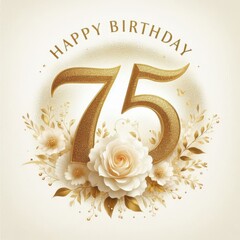 Wall Mural - Elegant gold 75th birthday design with flowers and soft hues, perfect for celebration.