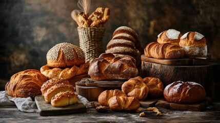 Poster - Assortment of Freshly Baked Bread on Wooden Surfaces