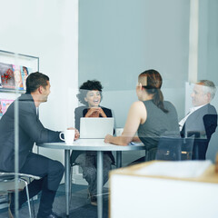 Canvas Print - Office, laughing and meeting in boardroom, group and discussion with laptop, coffee and conversation. Corporate, talking and ideas with tech, publicist and planning for campaign and media relations