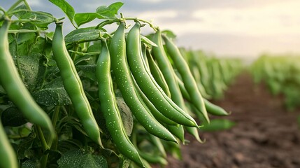 Wall Mural - Fresh green peas hang on lush plants, glistening with dew under a soft morning light in a thriving agricultural field.