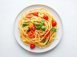 Wall Mural - Isolated plate of food (pasta) with clean presentation on a white backdrop