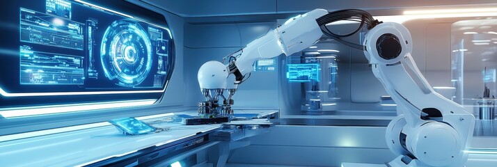 Fototapete - A robotic arm meticulously assembles advanced machinery within a sleek, high-tech lab featuring glowing panels and holograms. Generative AI