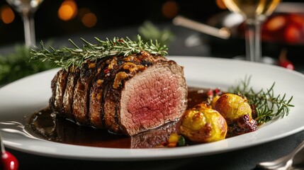 Poster - Roast beef with a crispy exterior, carved and served with gravy, elegant presentation