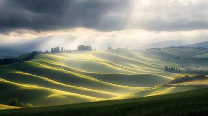 Wall Mural - rolling hills illuminated by sunlight breaking through the clouds, highlighting the curves of the la