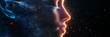 © Barosanu - A digital representation of a human face made from blue dots and glowing elements, mixed with orange sparks, depicting the fusion of technology and human features.