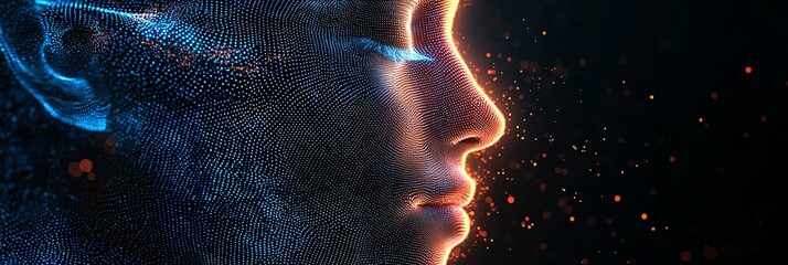 a digital representation of a human face made from blue dots and glowing elements, mixed with orange