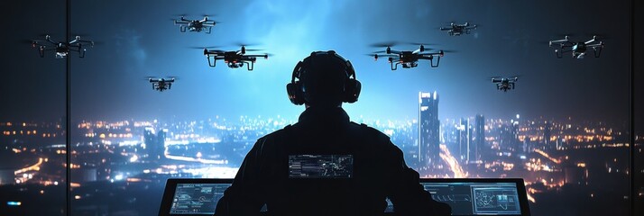 Poster - The drone pilot expertly manages a fleet of sleek drones using a touchpad in a high-tech control center under the night sky. Generative AI