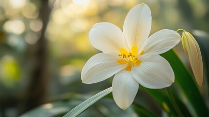 Wall Mural - beautiful white flower with yellow center blooming in a lush garden during the soft morning light