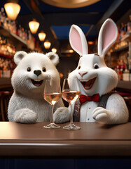 A White Rabbit and bear with glasses of red wine in the pub. cartoon illustration