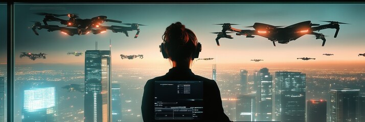 Poster - The drone pilot skillfully operates a fleet of drones using a touchpad in a modern control room, illuminated by city lights. Generative AI