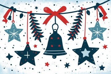 a christmas decoration with stars and a bell hanging from a string