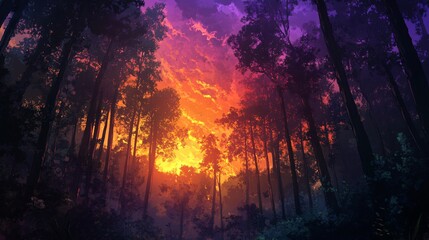 Wall Mural - a view of the forest as the sun sets behind the trees, creating a vibrant purple and orange sky.