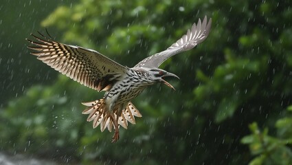 Wall Mural - A hawk flies near trees in the pouring rain