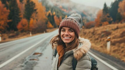 Wall Mural - A woman wearing a hat and a jacket is smiling at the camera