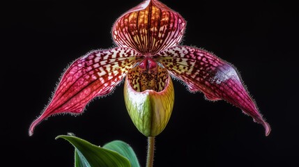 Poster - Detailed close-up of a vibrant orchid with striking petals showcasing intricate patterns, illuminated against a dark background