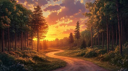 Wall Mural - a winding dirt road leads through a lush green forest, bathed in the golden light of sunset the sky 