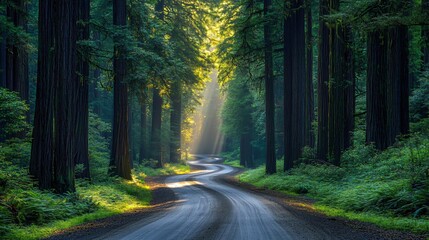 Wall Mural - a winding dirt road through a dense forest of tall trees, with sunlight streaming through the canopy
